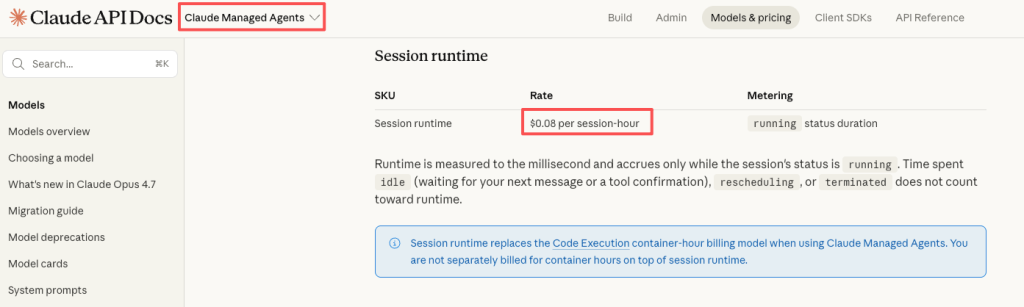 API documentation detailing the $0.08 hourly runtime cost for Claude Managed Agents small business.