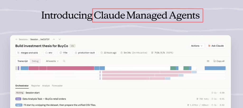 Wondering what is Claude Managed Agents? This dashboard shows the session timeline for an investment thesis task.