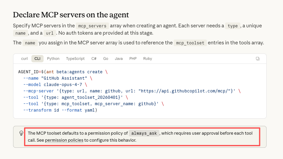 CLI code snippet declaring MCP servers to configure Claude Managed Agents small business setups.