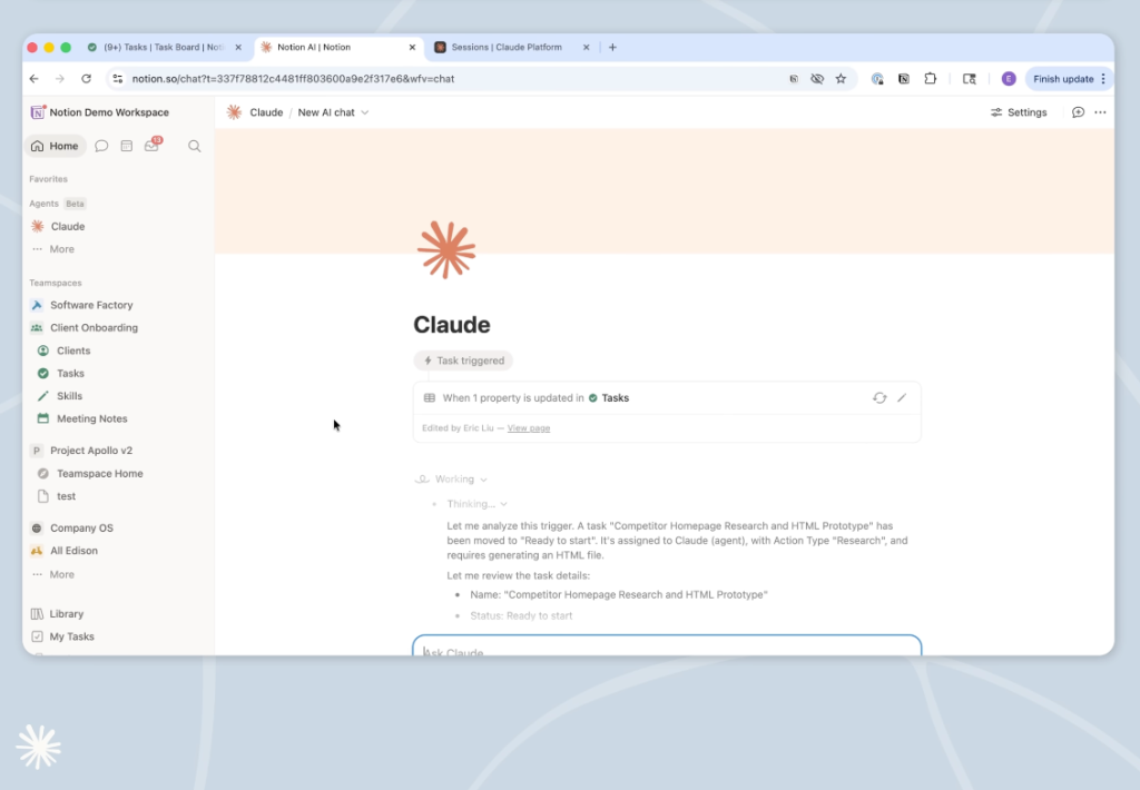 UI screenshot of Notion workspace demonstrating a practical application of scaling Claude Managed Agents for daily tasks.