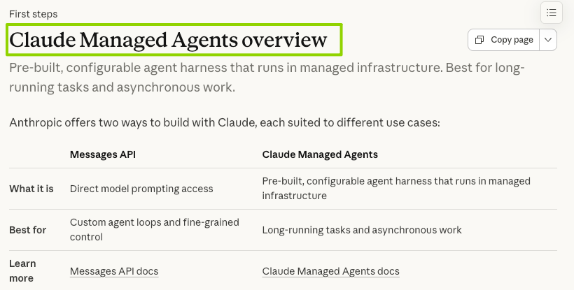 Documentation overview for Claude Managed Agents, comparing it directly to the standard Messages API.