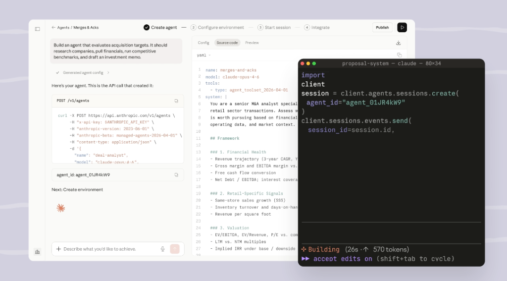 Split screen interface showing prompt configuration and Python code to build Claude Managed Agents.