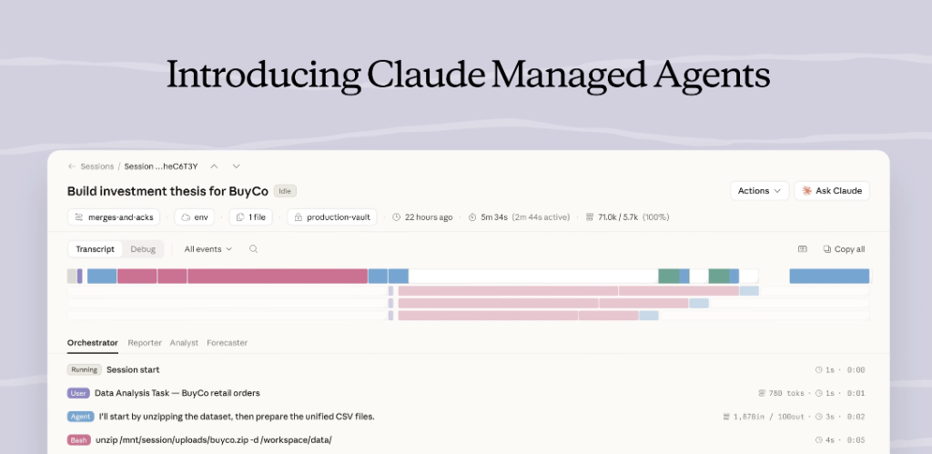 Dashboard introducing Claude Managed Agents, displaying session timelines and orchestrator tools.