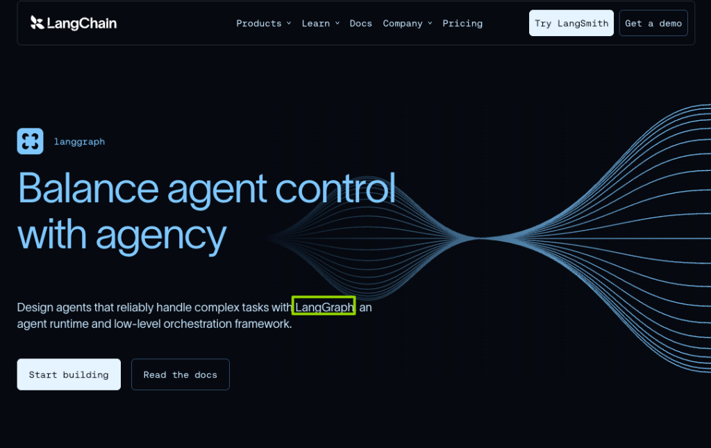 LangChain LangGraph framework website, highlighting custom agent control versus Claude Managed Agents.
