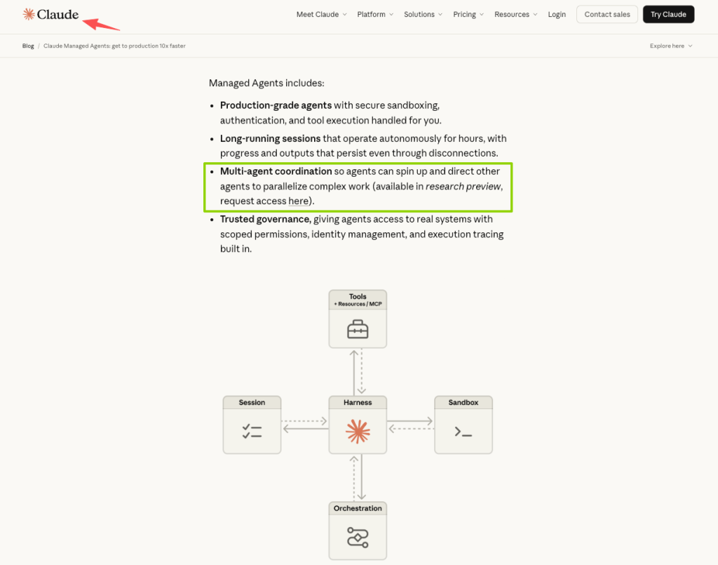 Website overview highlighting multi-agent coordination capabilities crucial for scaling Claude Managed Agents effectively.